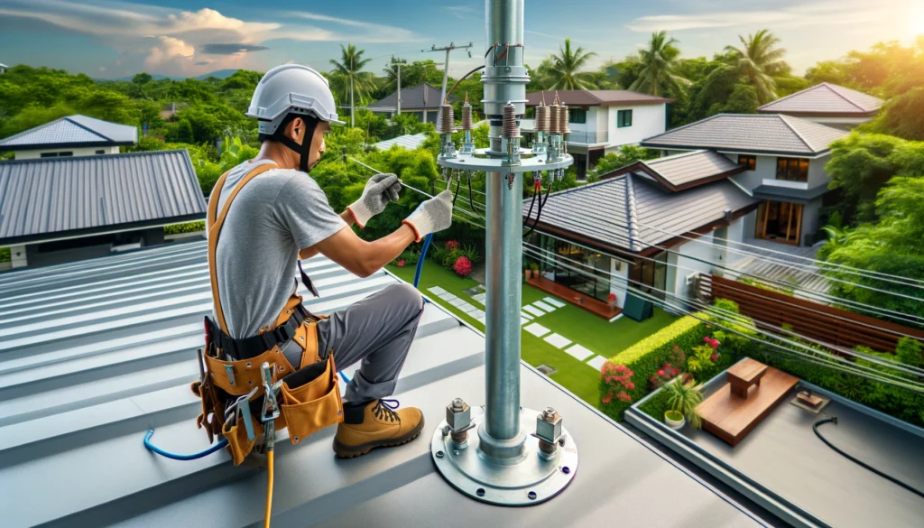 Lắp đặt cọc tiếp đất là bước đầu tiên và quan trọng trong quy trình thi công hệ thống chống sét.